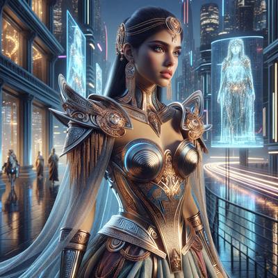 The primary subject of the image is a woman dressed in a gold and blue outfit, standing in a futuristic city. She is wearing a gold and blue dress, and her outfit appears to be a mix of medieval and futuristic styles. The setting is a futuristic city with a backdrop of buildings and neon lights. The visual style of the image is digital art, as it is a computer-generated image. The colors and mood of the image are predominantly blue and gold, giving it a